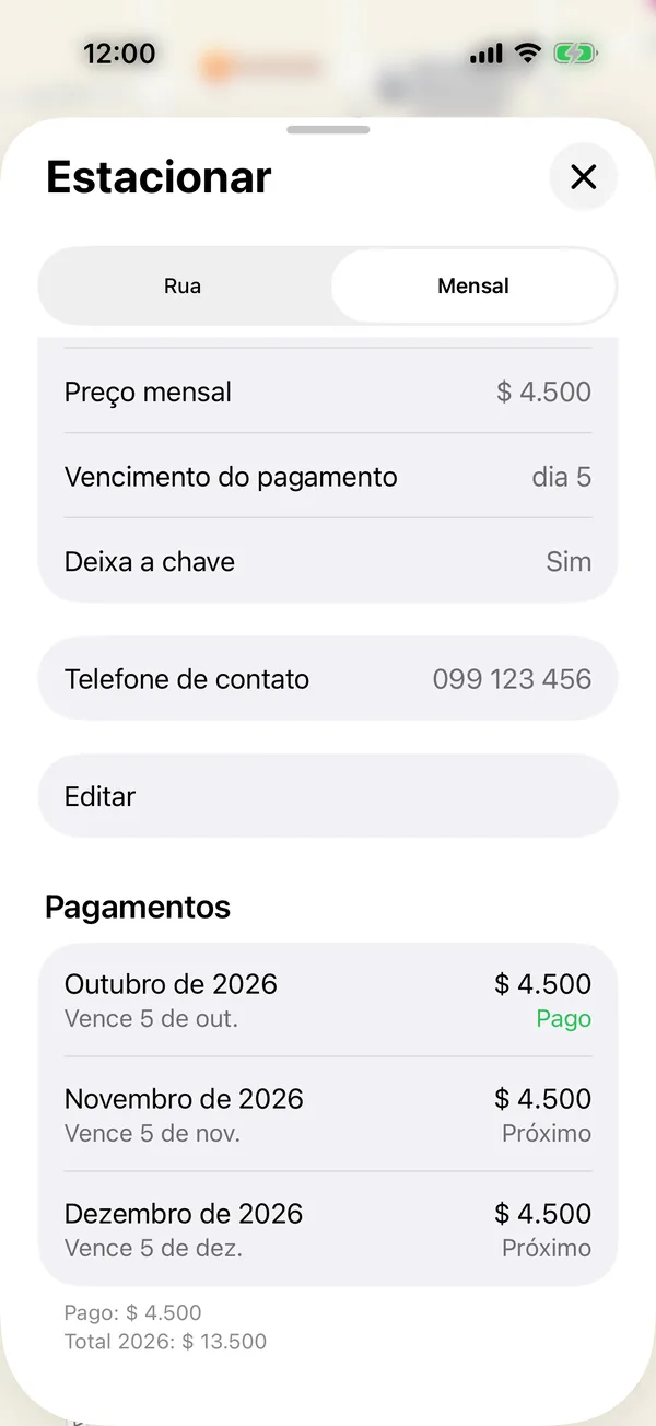 A seção Pagamentos de uma vaga, com cada mês e seu status