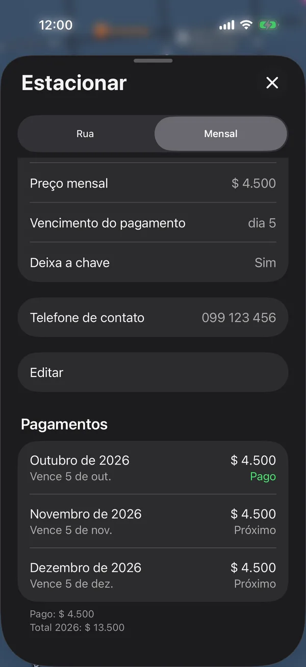 A seção Pagamentos de uma vaga, com cada mês e seu status