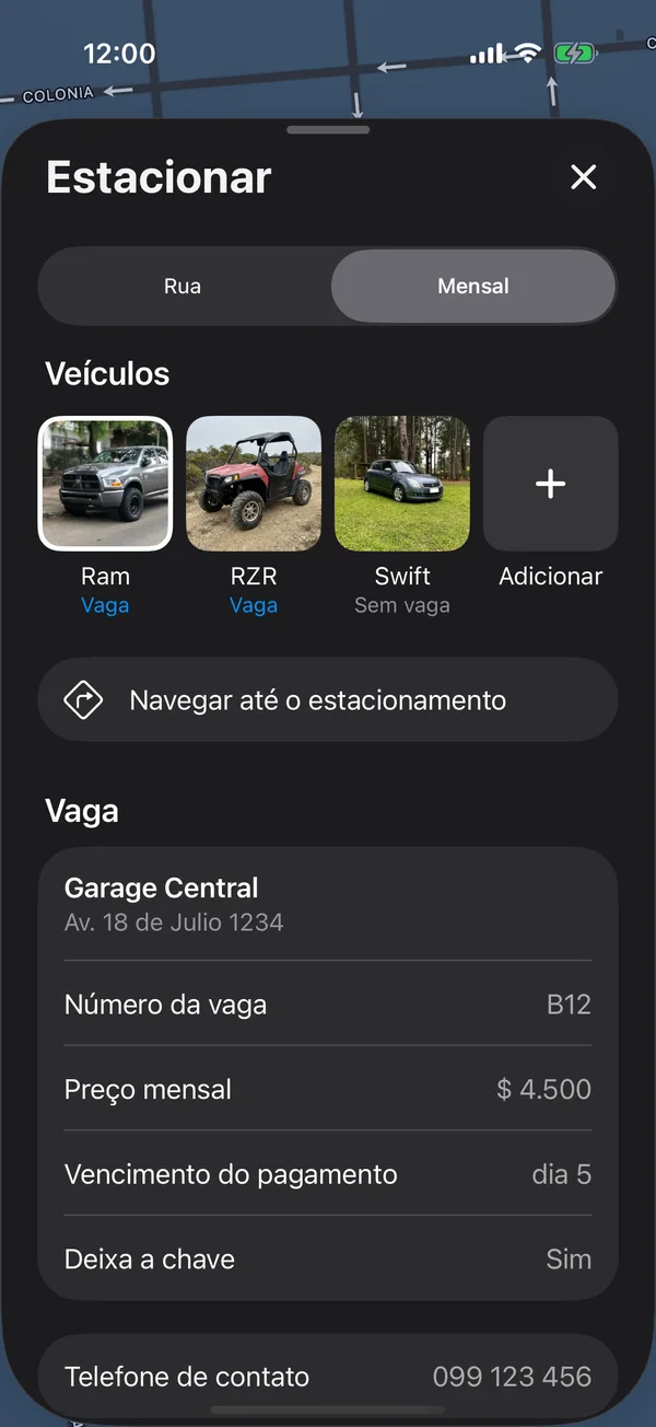 Uma vaga salva com Navegar até o estacionamento e seus dados