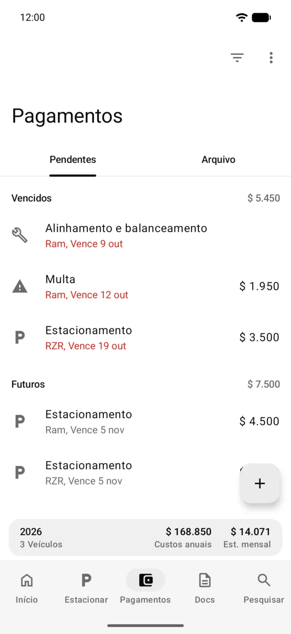 A aba Pagamentos com os pendentes de todos os veículos