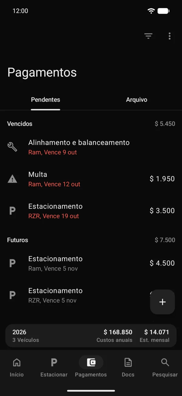 A aba Pagamentos com os pendentes de todos os veículos