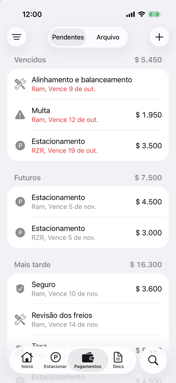 A aba Pagamentos com os pendentes de todos os veículos
