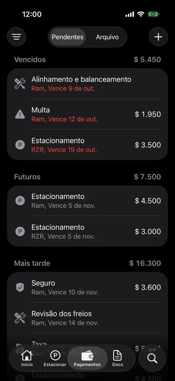 A aba Pagamentos com os pendentes de todos os veículos