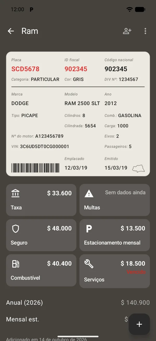 Os quadros de taxa, multas, seguro, estacionamento, combustível e serviços
