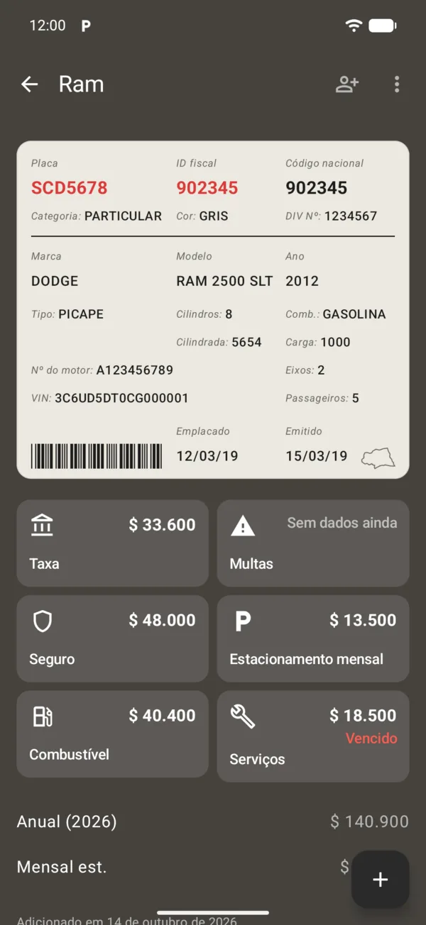 Os quadros de taxa, multas, seguro, estacionamento, combustível e serviços