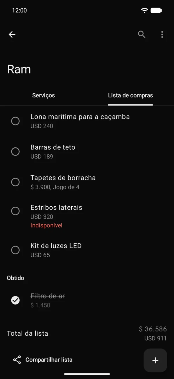 Um item marcado Indisponível na lista de compras
