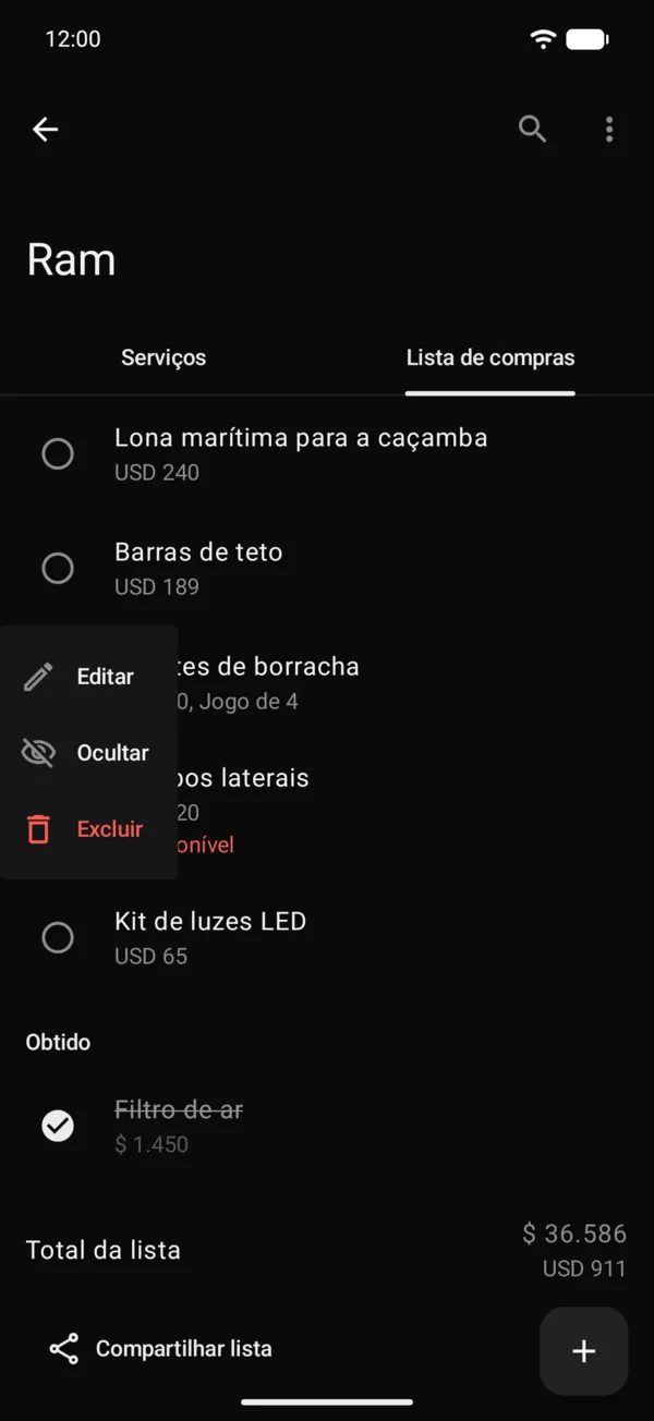 O menu de um item com Editar, Ocultar e Excluir