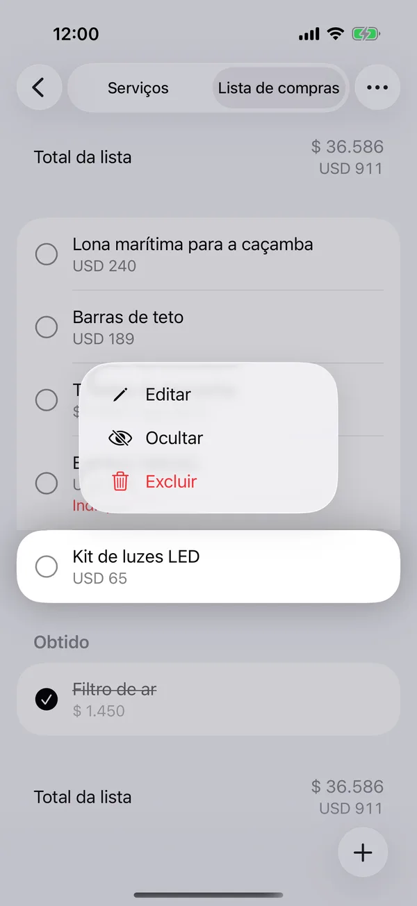 O menu de um item com Editar, Ocultar e Excluir