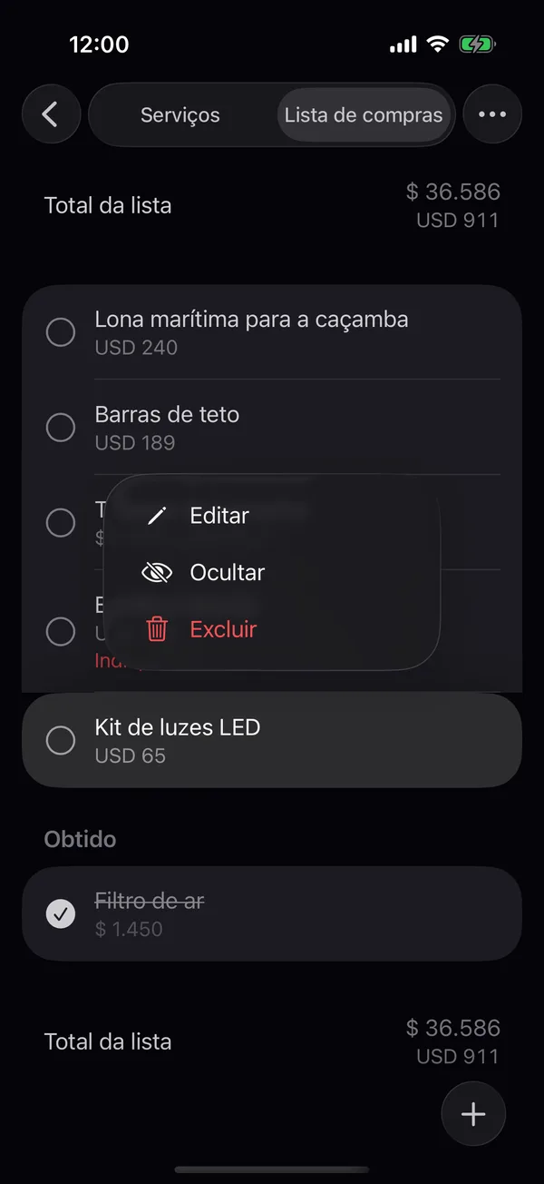 O menu de um item com Editar, Ocultar e Excluir
