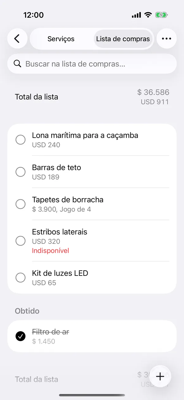 Um item marcado Indisponível na lista de compras