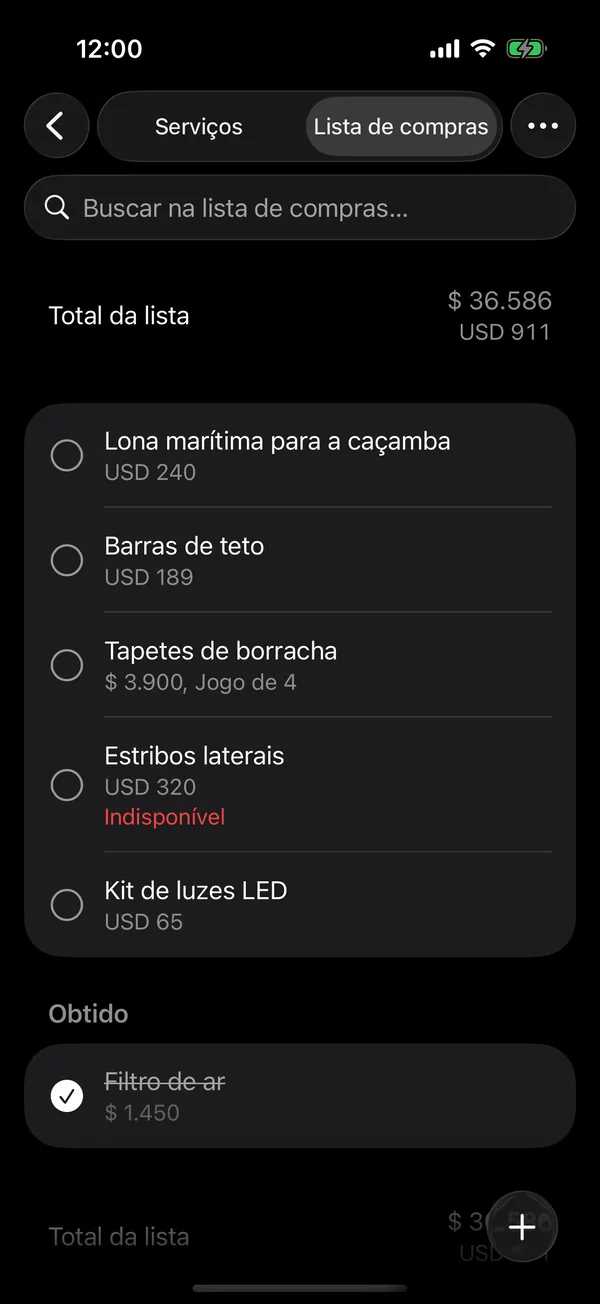 Um item marcado Indisponível na lista de compras