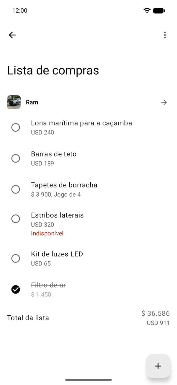 Todas as suas listas, com o total de cada veículo e o de todas