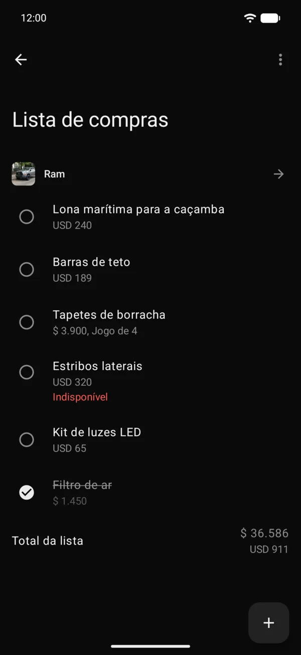Todas as suas listas, com o total de cada veículo e o de todas