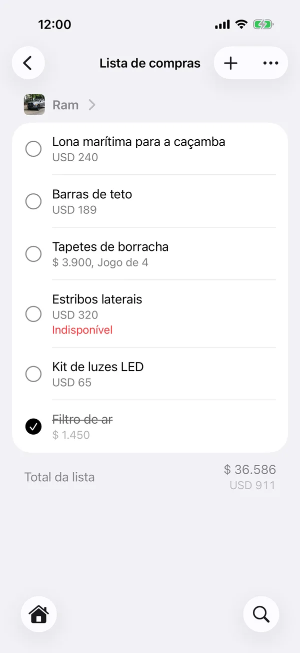 Todas as suas listas, com o total de cada veículo e o de todas