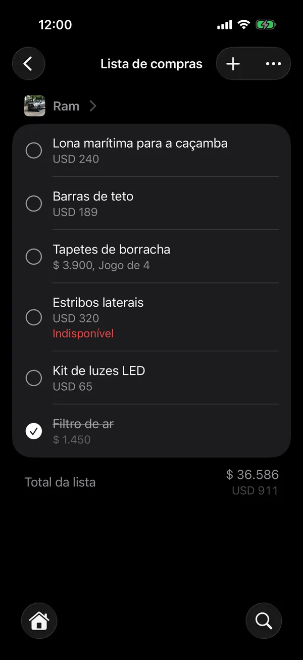Todas as suas listas, com o total de cada veículo e o de todas