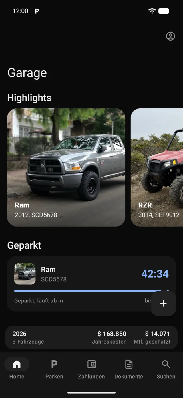 Die Fahrzeuge auf dem Startbildschirm von GarageApp
