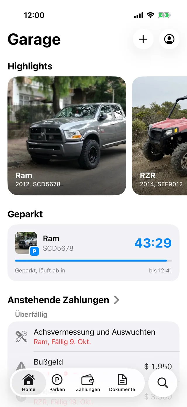 Die Fahrzeuge auf dem Startbildschirm von GarageApp