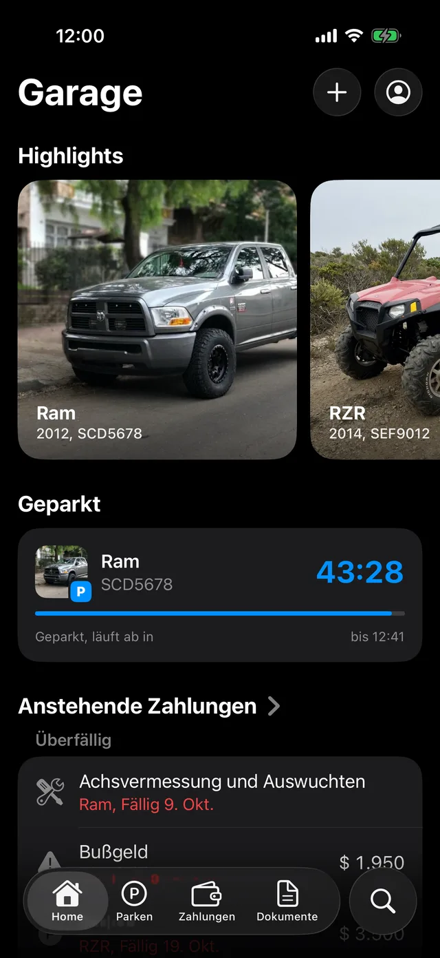 Die Fahrzeuge auf dem Startbildschirm von GarageApp