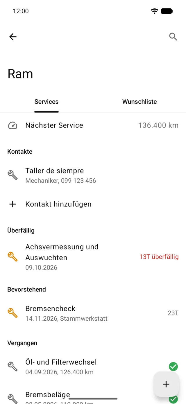 Die Wartungen eines Fahrzeugs, mit der nächsten nach Kilometerstand