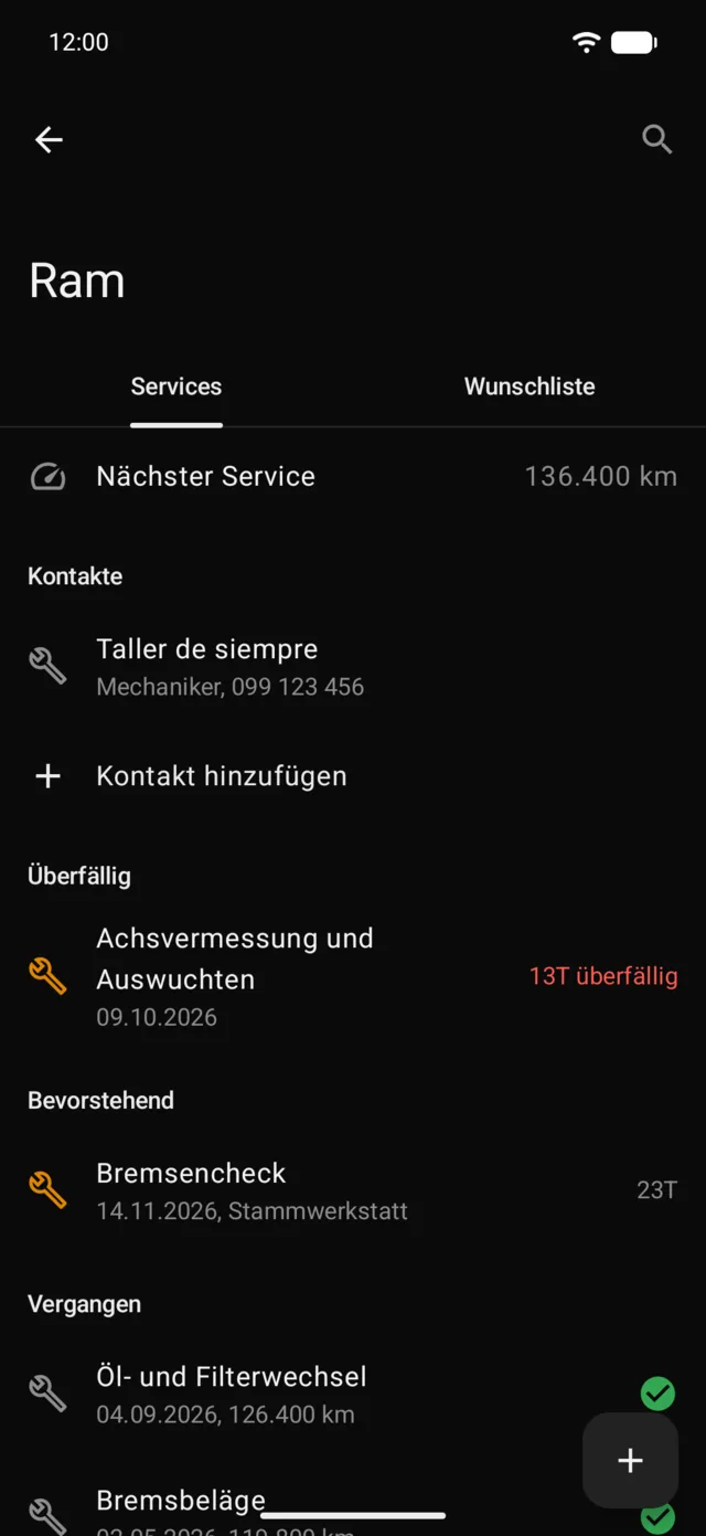 Die Wartungen eines Fahrzeugs, mit der nächsten nach Kilometerstand