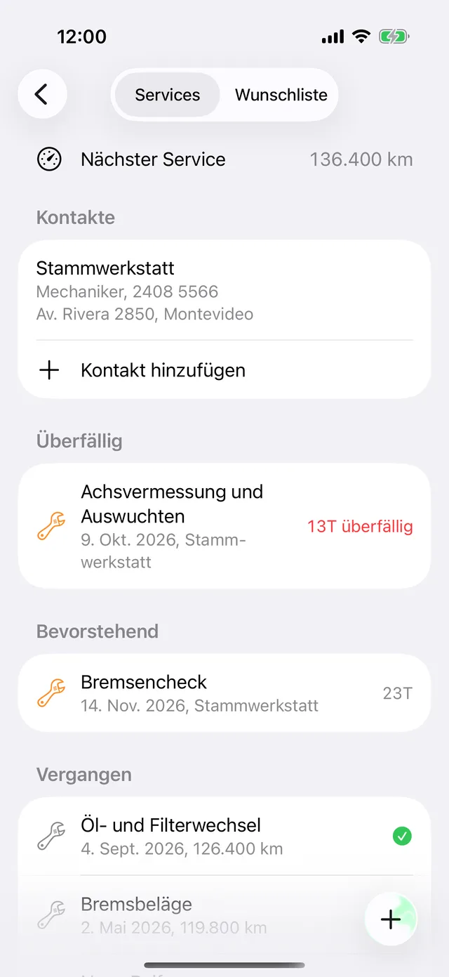 Die Wartungen eines Fahrzeugs, mit der nächsten nach Kilometerstand