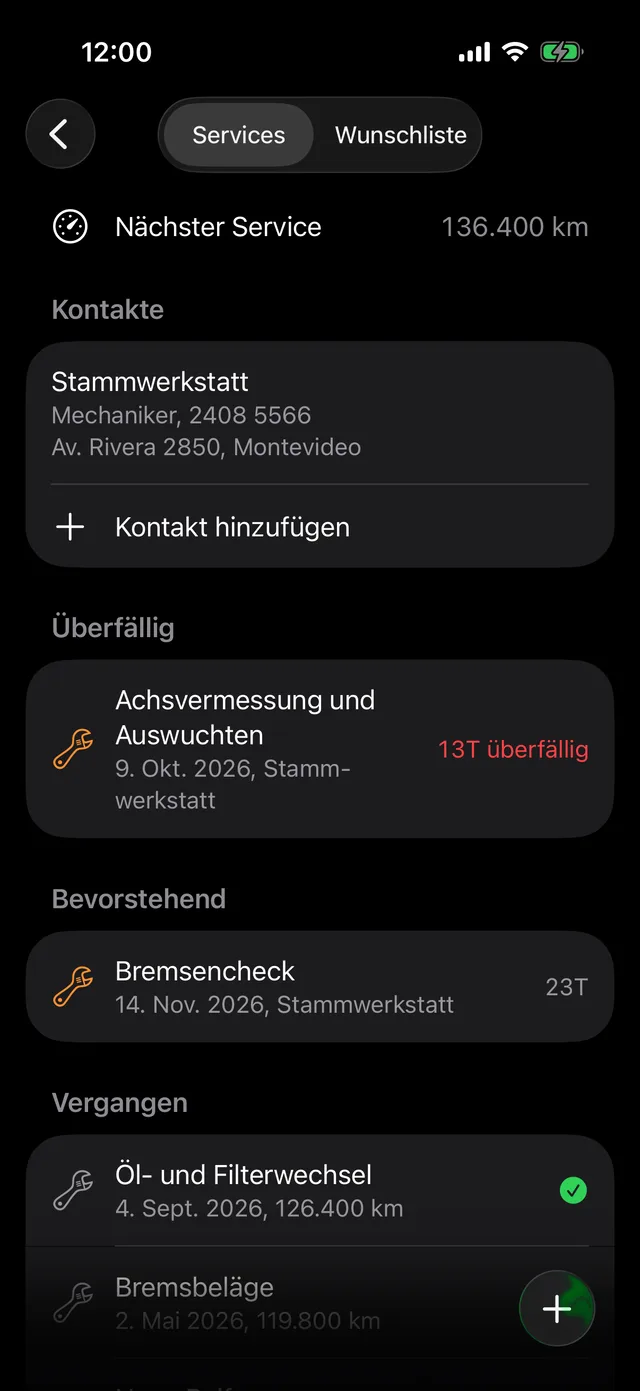 Die Wartungen eines Fahrzeugs, mit der nächsten nach Kilometerstand