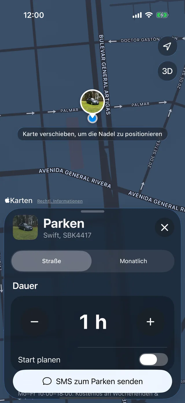 Das Formular zum Parken mit der Dauer und Startzeit planen