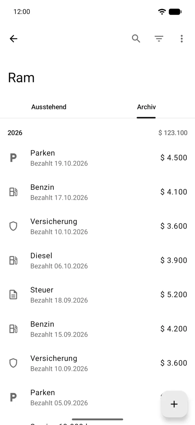 Das Zahlungsarchiv eines Fahrzeugs, nach Jahr