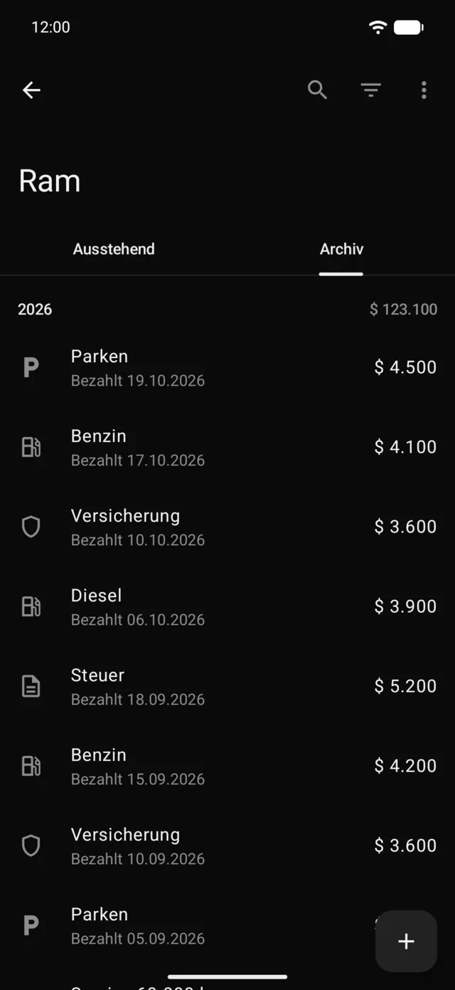 Das Zahlungsarchiv eines Fahrzeugs, nach Jahr