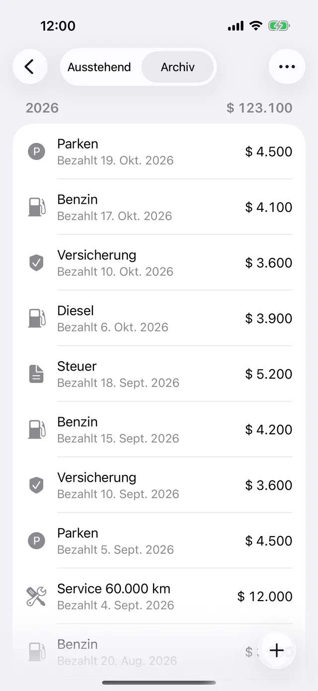 Das Zahlungsarchiv eines Fahrzeugs, nach Jahr