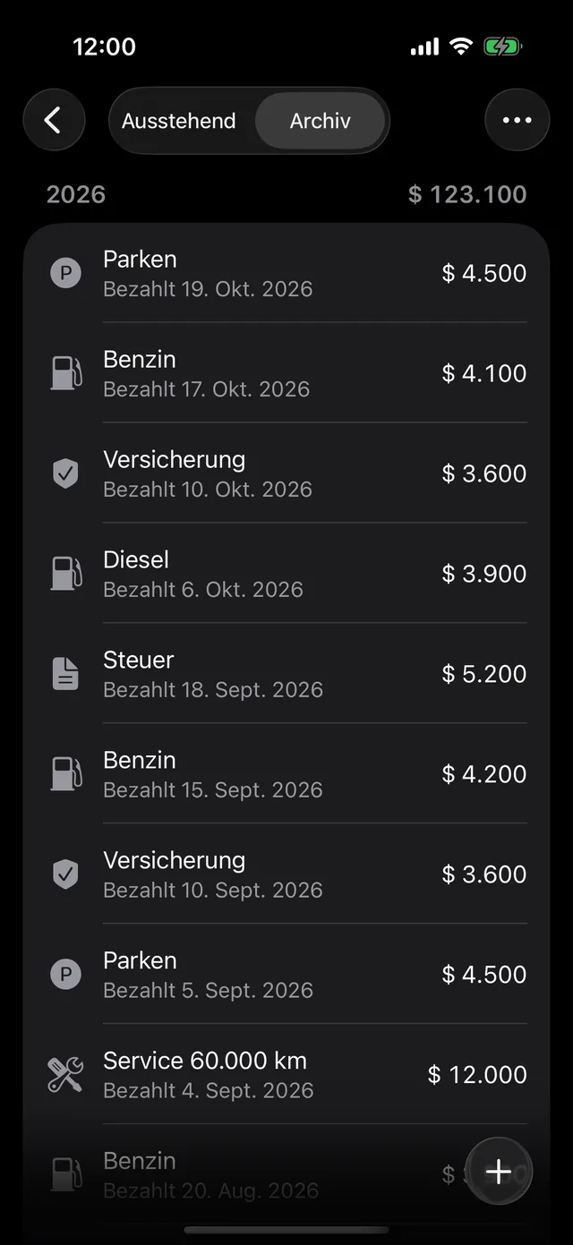Das Zahlungsarchiv eines Fahrzeugs, nach Jahr