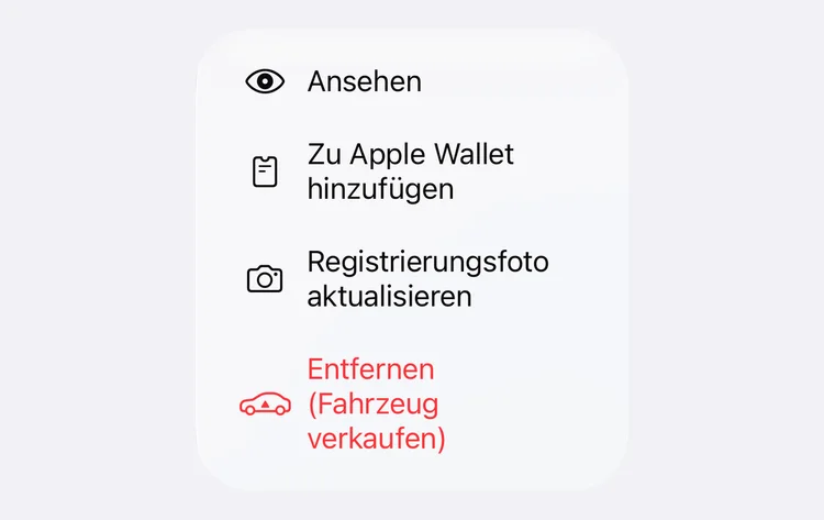 Das Menü eines Fahrzeugscheins mit Zu Apple Wallet hinzufügen