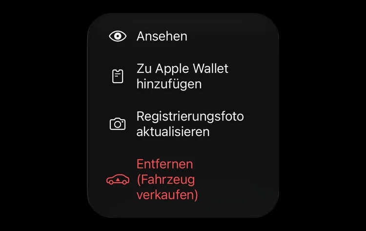 Das Menü eines Fahrzeugscheins mit Zu Apple Wallet hinzufügen