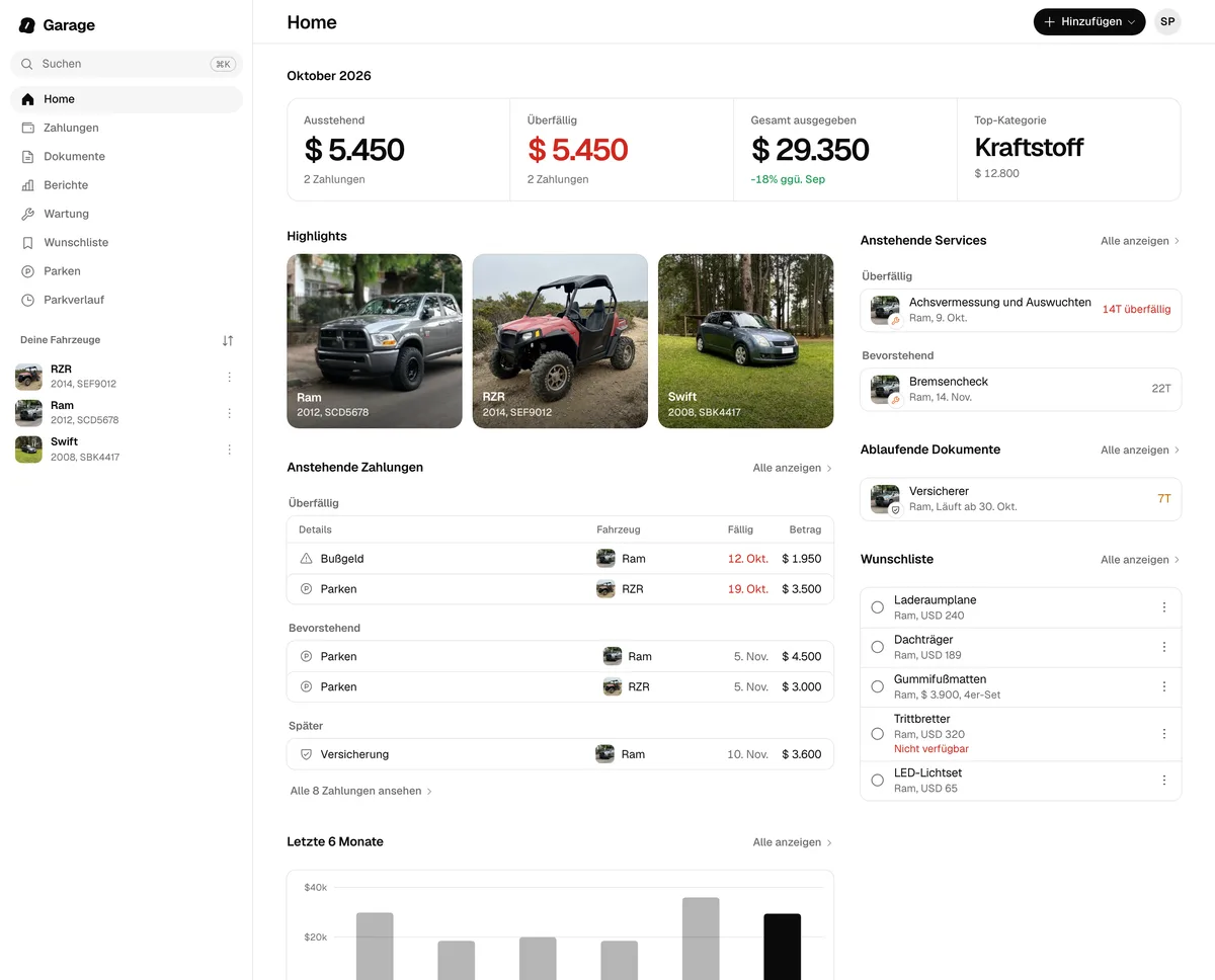 Der Startbildschirm von GarageApp im Web, auf einem Computer, mit dem Seitenmenü und den Fahrzeugen