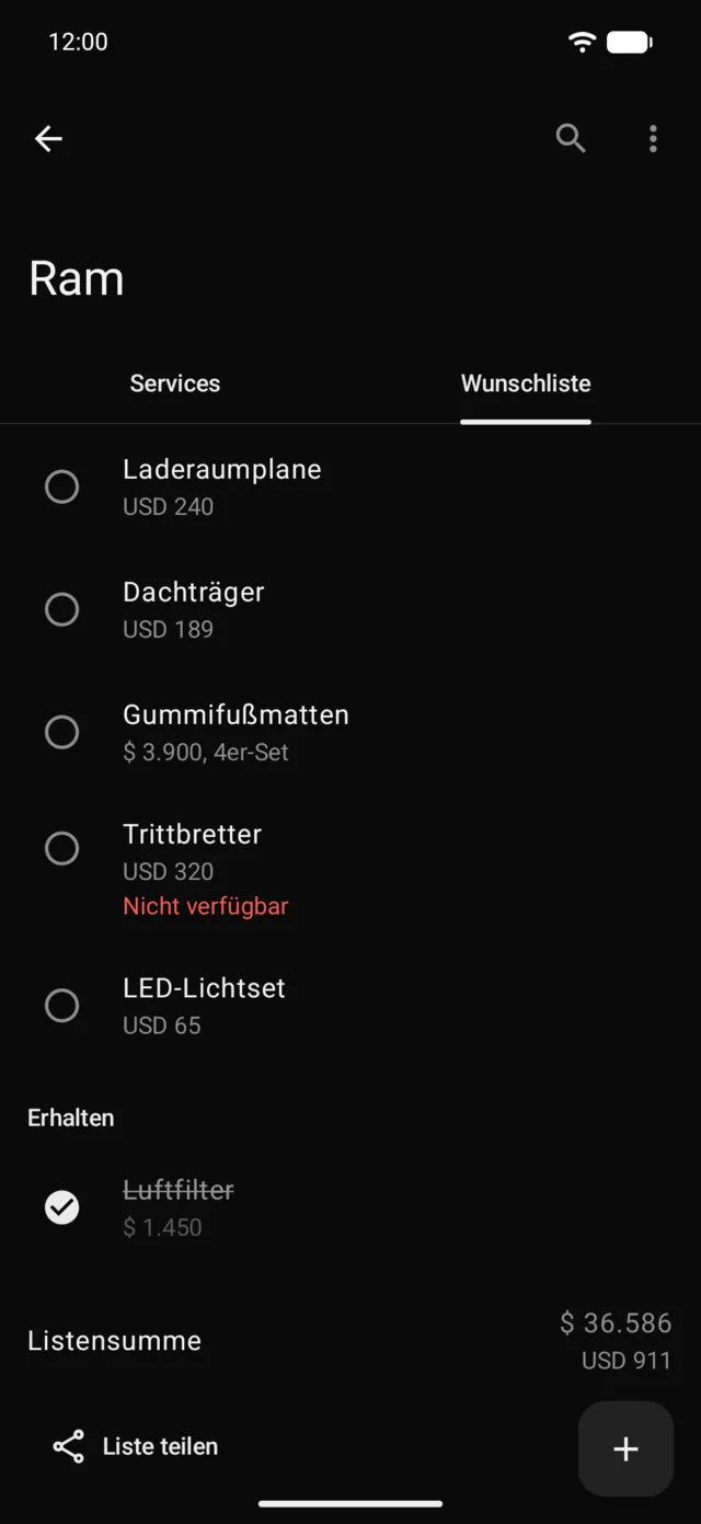 Die Wunschliste eines Fahrzeugs mit ihrer Summe