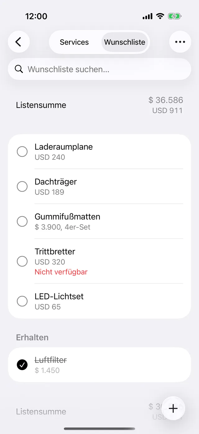 Die Wunschliste eines Fahrzeugs mit ihrer Summe