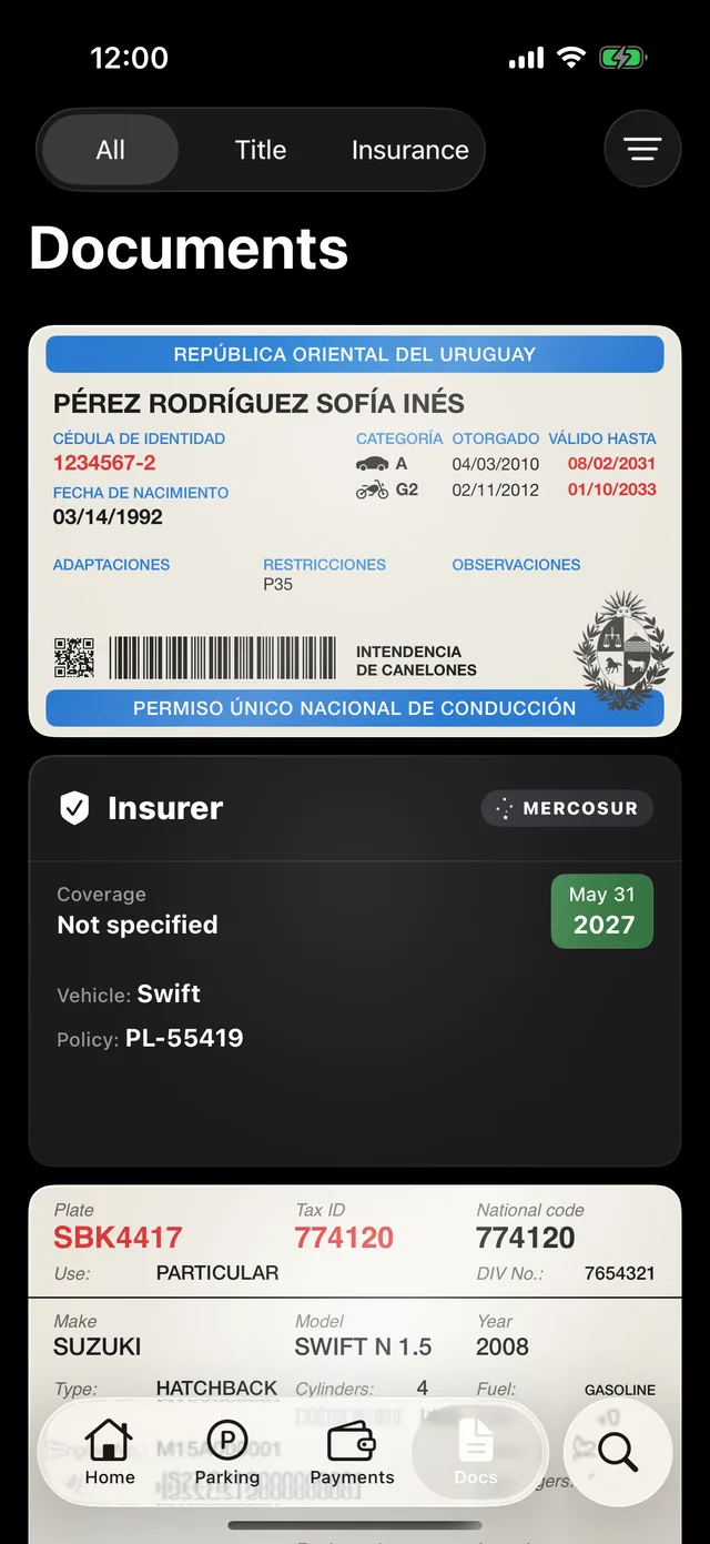 A vehicle's documents in GarageApp