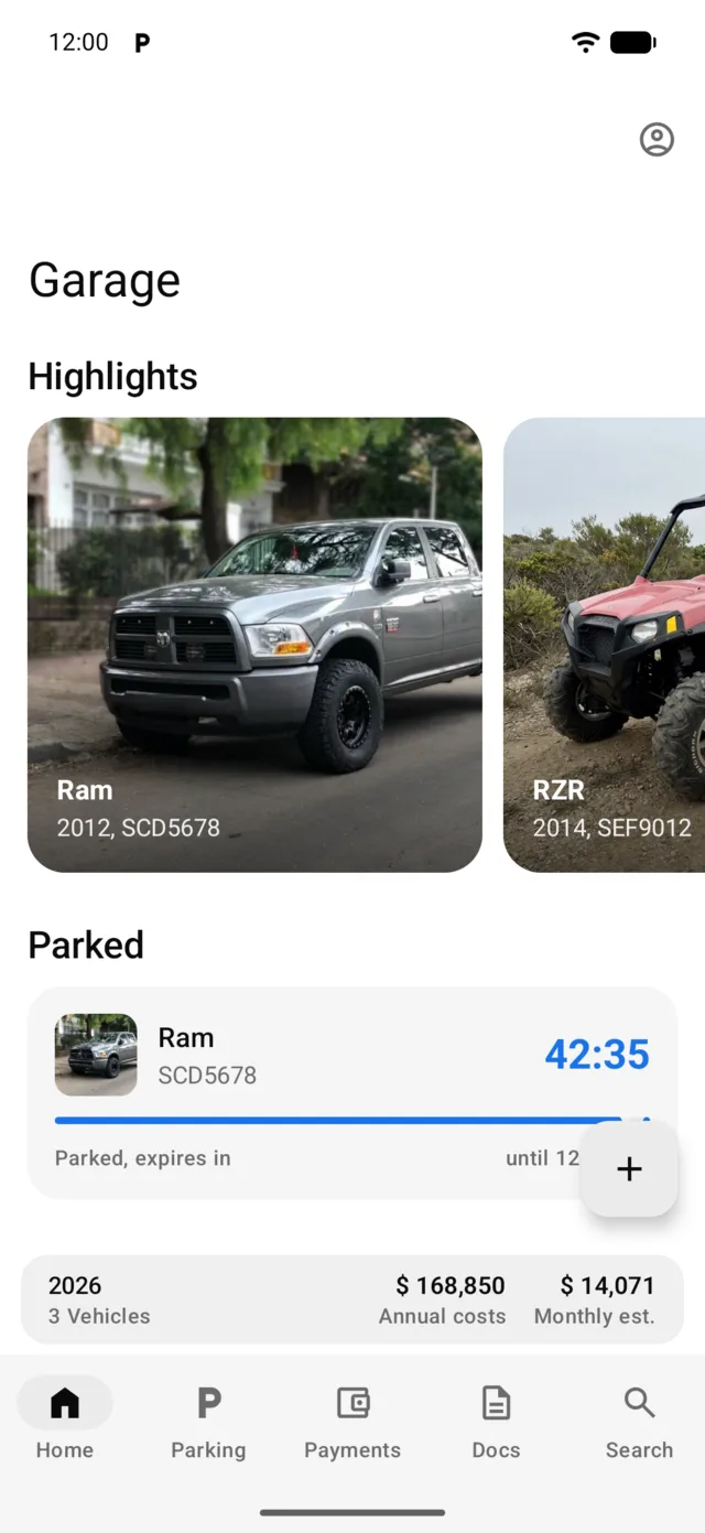 The vehicles on the GarageApp home screen