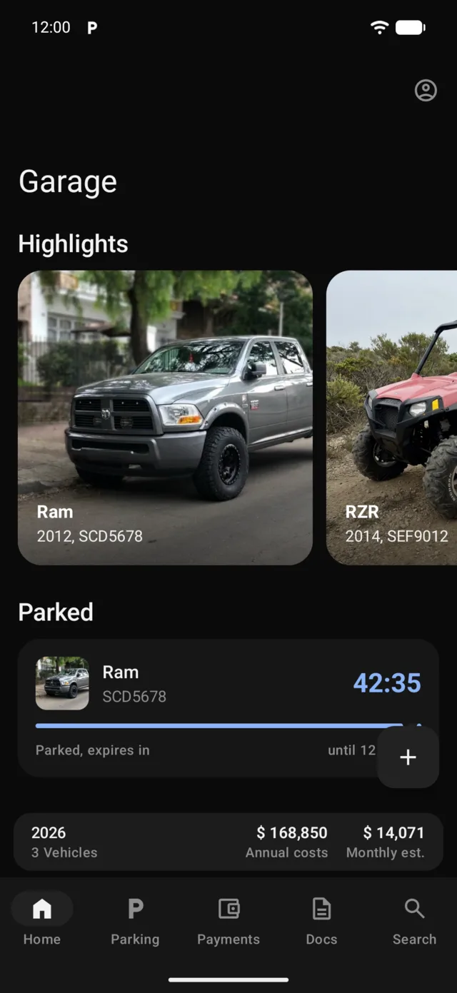 The vehicles on the GarageApp home screen