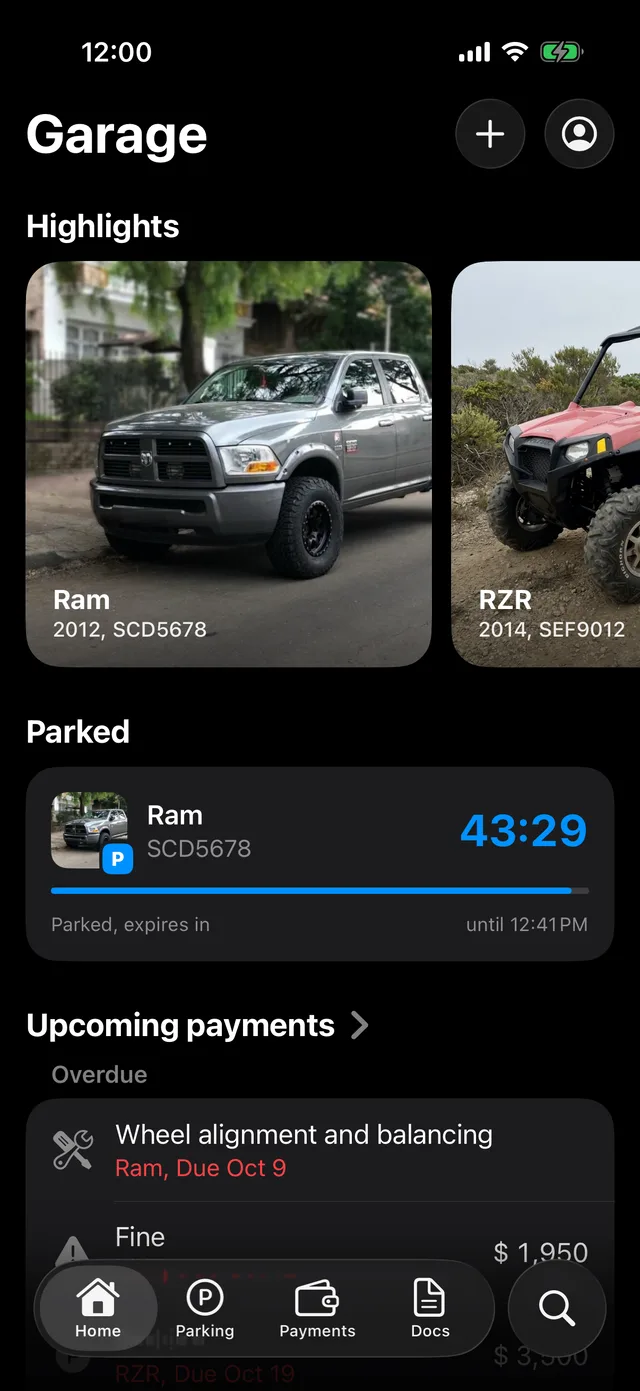 The vehicles on the GarageApp home screen