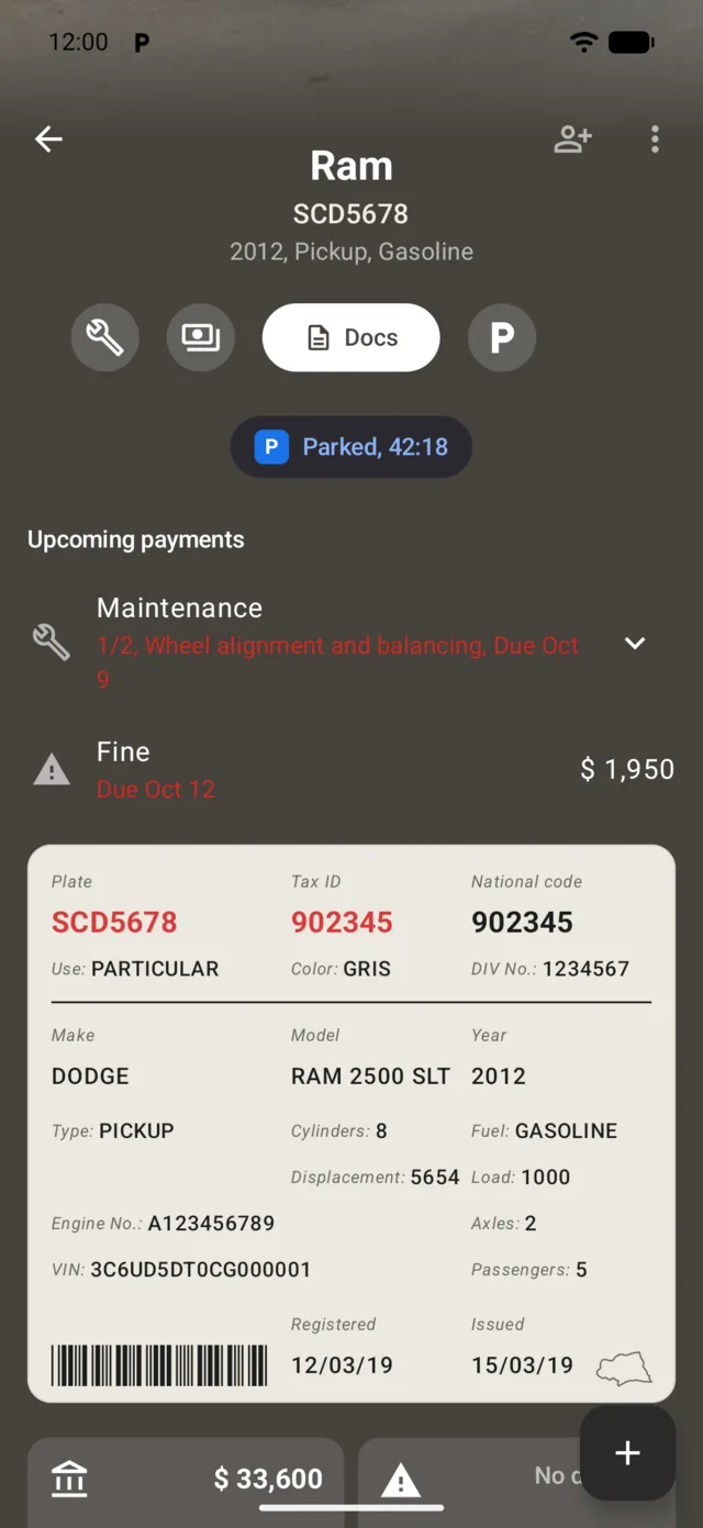 The registration card on the vehicle page