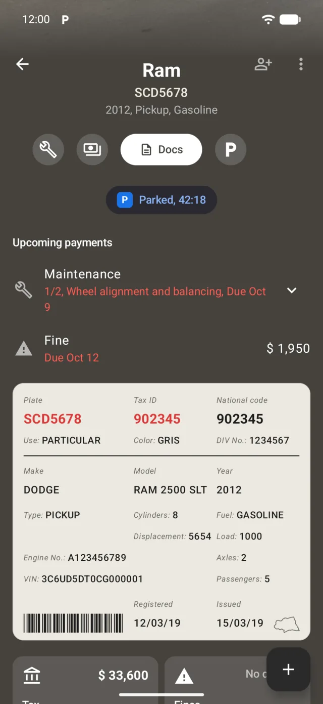 The registration card on the vehicle page