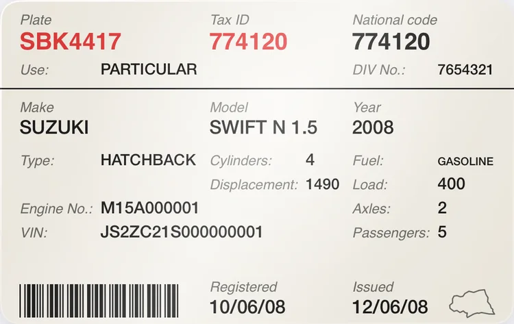 A vehicle registration card