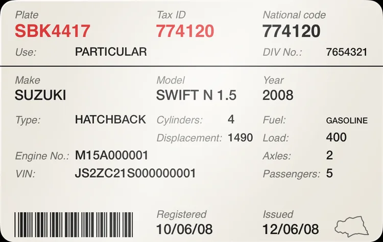 A vehicle registration card