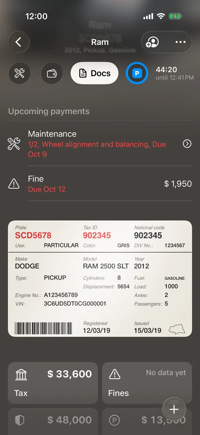 The registration card on the vehicle page