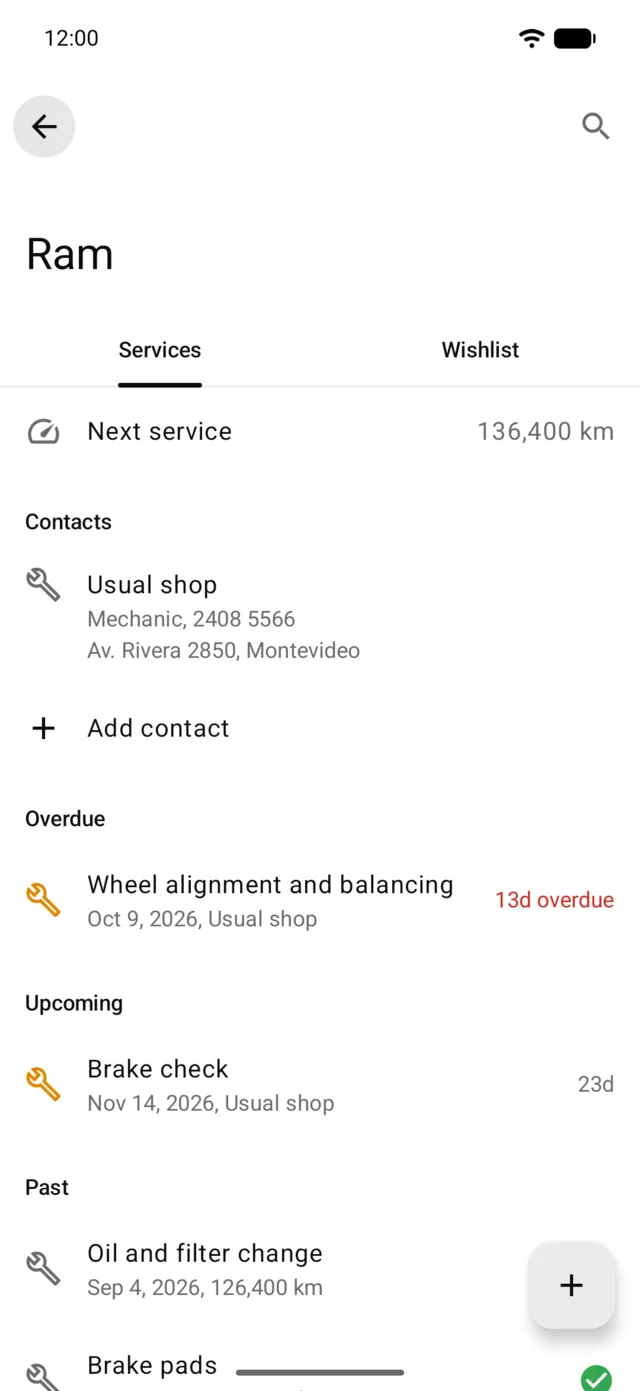 A vehicle’s services, with the next service by mileage
