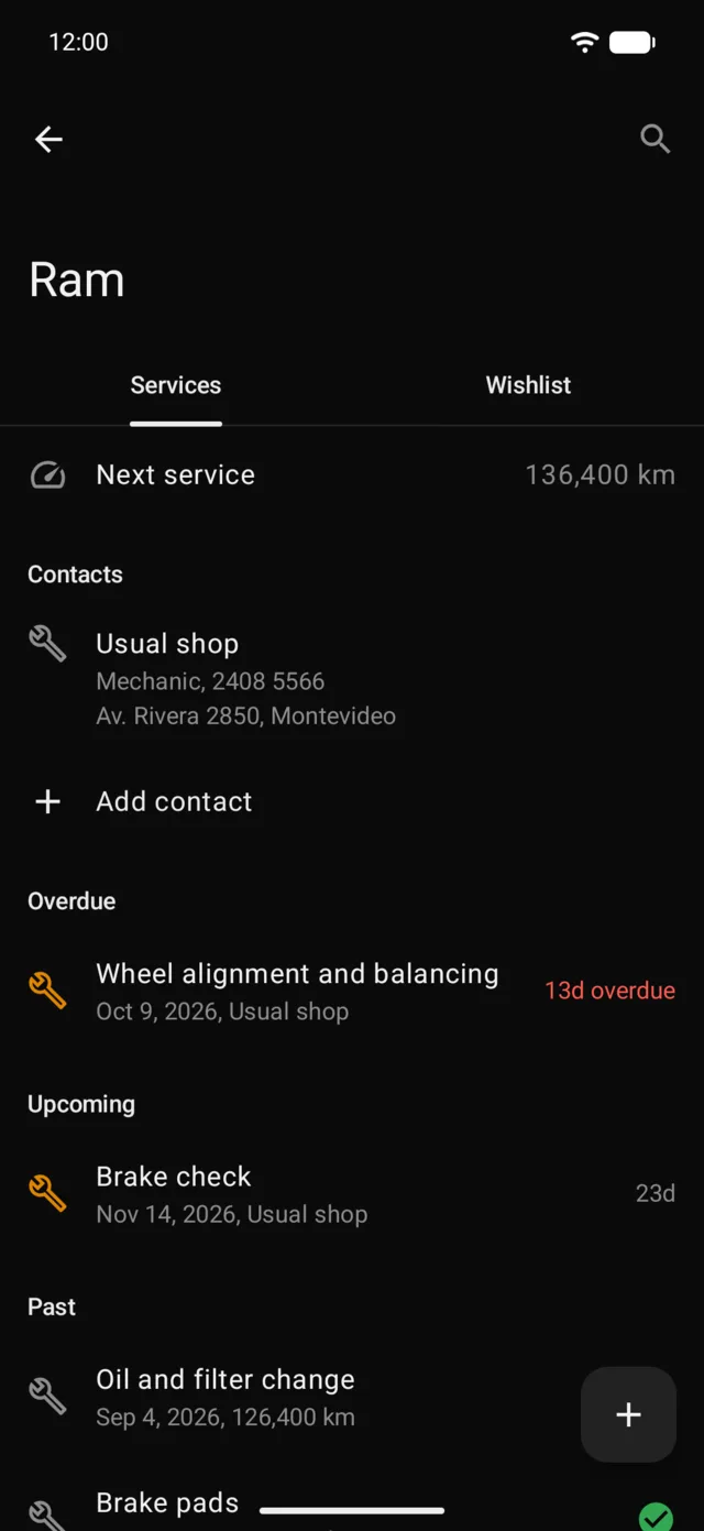 A vehicle’s services, with the next service by mileage
