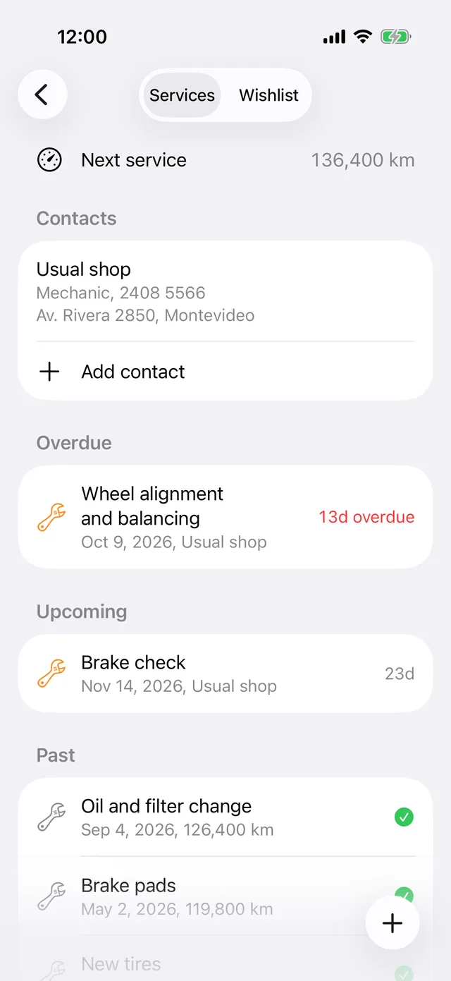 A vehicle’s services, with the next service by mileage