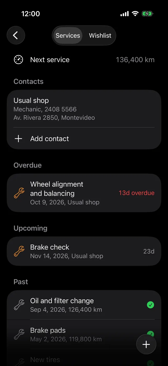 A vehicle’s services, with the next service by mileage