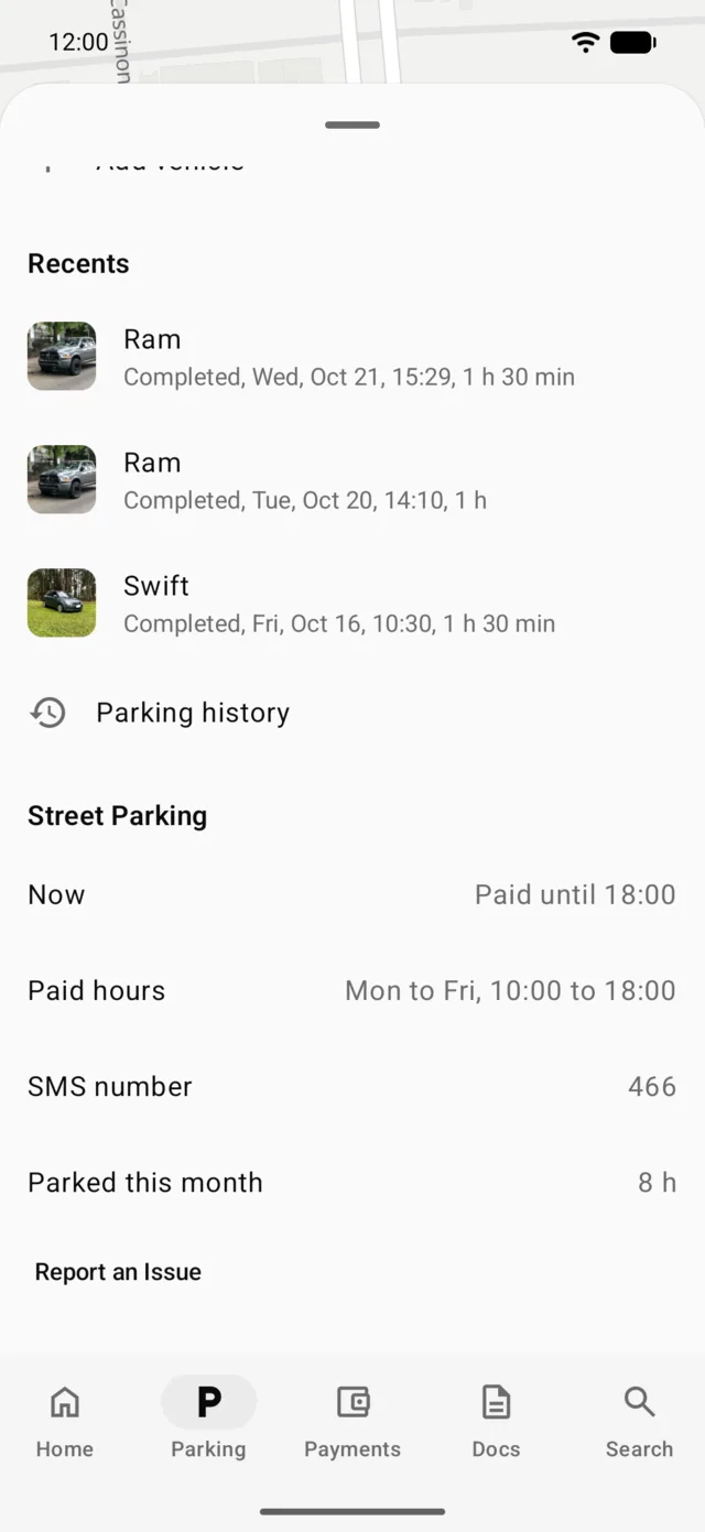 Parking history by month, each session with its map